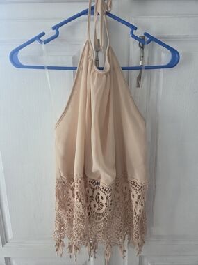 Francesca's Khaki Crochet Halter Crop Top